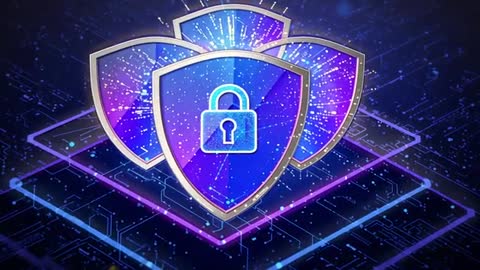 Animated cyber shields pulsing with padlock over neon circuit grid network security video