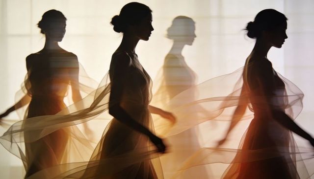 Ethereal ballet silhouettes gliding in flowing tulle backlit studio composition
