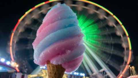 Close-up cotton candy cone with pink and blue swirls against neon ferris wheel lights