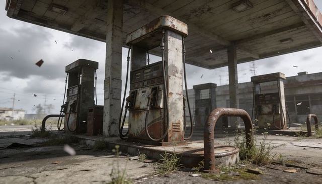 Derelict rusted gas station pumps under weathered canopy with weeds and bollards
