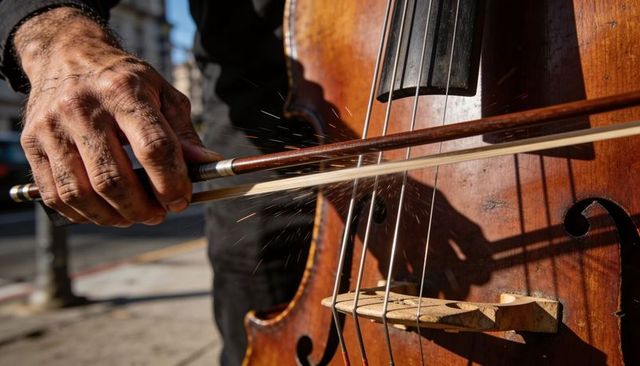 Close-up Bowing Double Bass with Rosin Sparks on Sunlit Urban Sidewalk Busker Hands