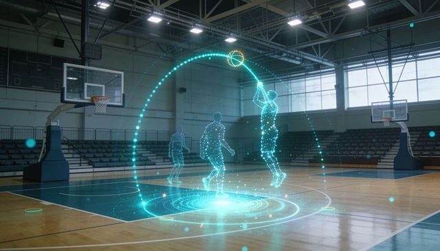 Futuristic holographic basketball players shooting glowing ball on court with digital particles