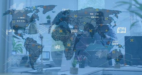 Business Team Collaborating Over Laptop with Global Data Overlay for Strategy and Analytics