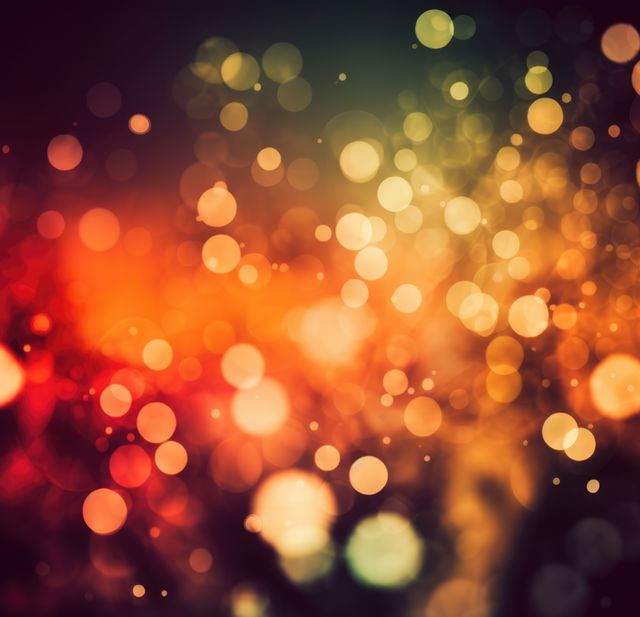 Glowing red, orange and yellow bokeh light spots at night, created using generative ai technology. Atmospheric nighttime bokeh lights background, digitally generated image.