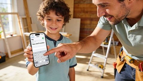 Father teaching son using smartphone notes for diy woodworking project in sunlit workshop