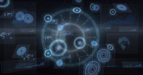 Rotating holographic hud dashboard with concentric rings, nodes and floating data panels