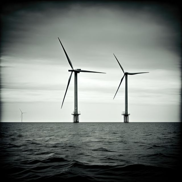 Wind turbines standing tall in the ocean, generating renewable energy. Suitable for articles and presentations focused on green energy solutions, sustainability initiatives, and innovative engineering projects. Perfect for illustrating the power of wind energy and the role of marine-based renewable energy in combating climate change.