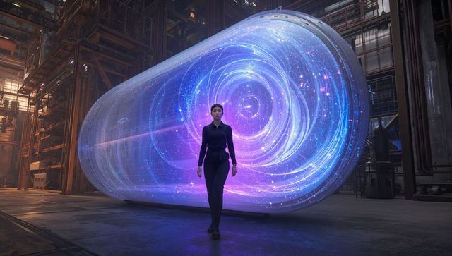 Asian engineer walking past holographic galaxy cylinder in futuristic industrial facility
