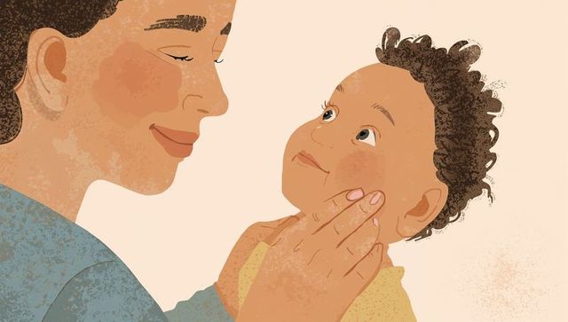 Tender closeup of parent cradling infant with warm gaze painterly family bond illustration