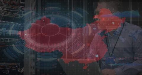 Infographic with server data and digital world map