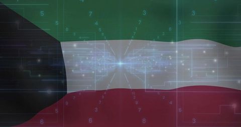 Kuwait flag overlay with digital circuit and glowing digits