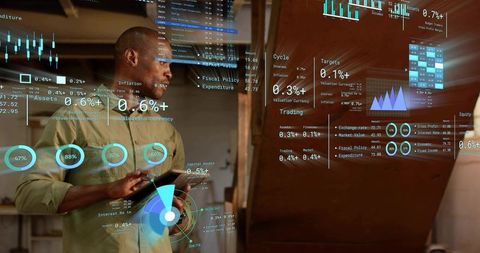 Analyst holding tablet in rustic office with holographic financial charts and analytics
