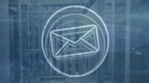 Digital Envelope Icon Overlay on Server Room Setting