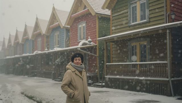 Senior asian woman standing on snowy street with colorful rowhouses and cozy winter coat