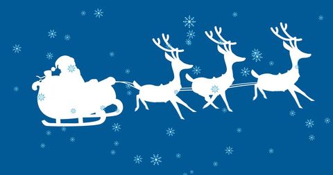 Santa Claus Sleigh Silhouette with Reindeer and Snowflakes