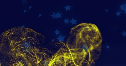 Flowing luminous yellow particle cloud curling across deep navy backdrop with blue stars