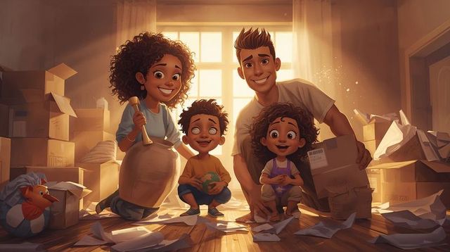 Smiling family unpacking in sunlit living room with cardboard boxes and paper planes