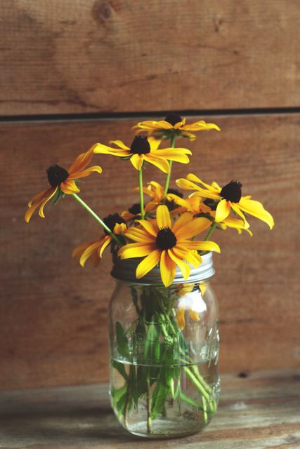 Bright Yellow Flowers in Mason Jar Against Wooden Background - Download Free Stock Photos Pikwizard.com