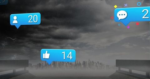 Digital Social Media Notifications in Stormy Urban Backdrop