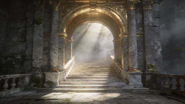 Sunlit marble staircase leading through gilded arch and columns to misty ruins
