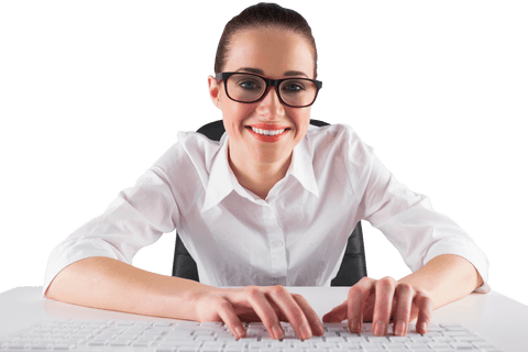 transparent businesswoman smiling while typing at keyboard - Download Free Stock Videos Pikwizard.com