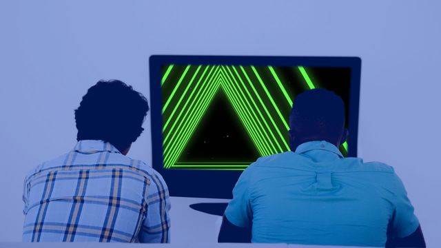 Two men sitting and viewing a TV screen displaying bright neon graphics. Ideal for illustrating concepts related to friends spending time together, home entertainment systems, or the use of technology in everyday life.