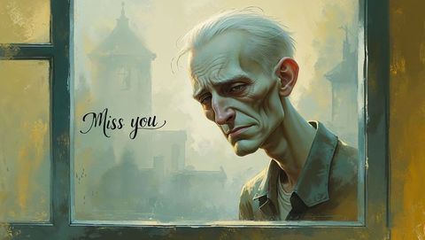 Melancholic elderly man gazing through window with miss you text