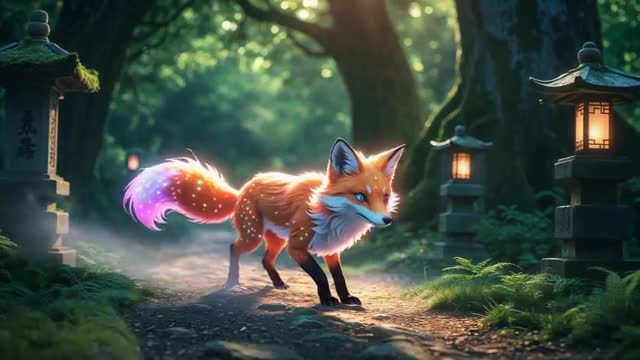 Enchanted Fox Exploring Mystic Forest Illuminated by Lantern Glow