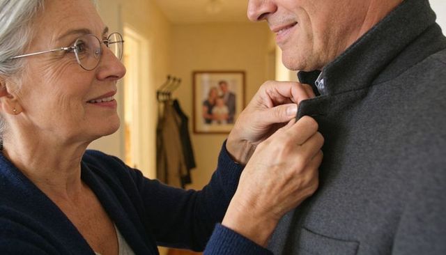 Senior woman fastening partner's coat in cozy hallway, tender caregiving couple moment