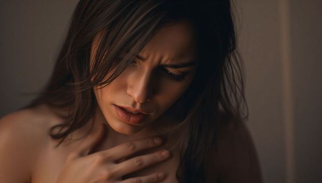 Young woman holding chest with concern closeup low-light emotional portrait