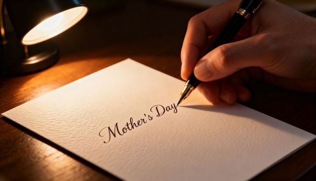 Writing Mother's Day Calligraphy with Fountain Pen on Warm Wood Desk, Intimate Lamp Light Closeup