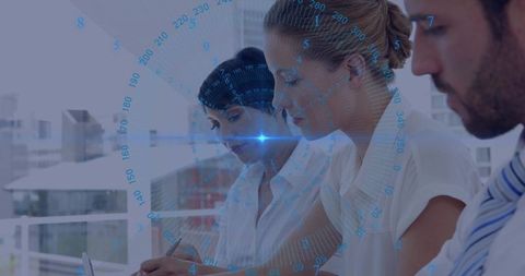 Business team reviewing documents with futuristic hud overlay, teamwork in modern office