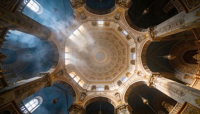 Gazing up at ornate cathedral dome with sunbeams, gold coffering and marble columns
