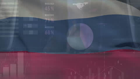 Russian Flag with Financial Data and Digital Interface Overlay