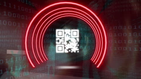 Futuristic QR Code with Neon Arches and Binary Background