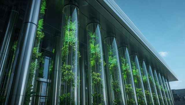 Vertical glass atria featuring climbing vines on modern urban facade