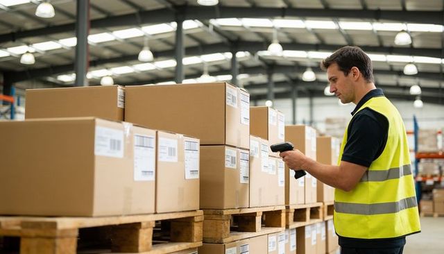 Warehouse worker scanning palletized boxes with handheld barcode scanner in hi-vis vest