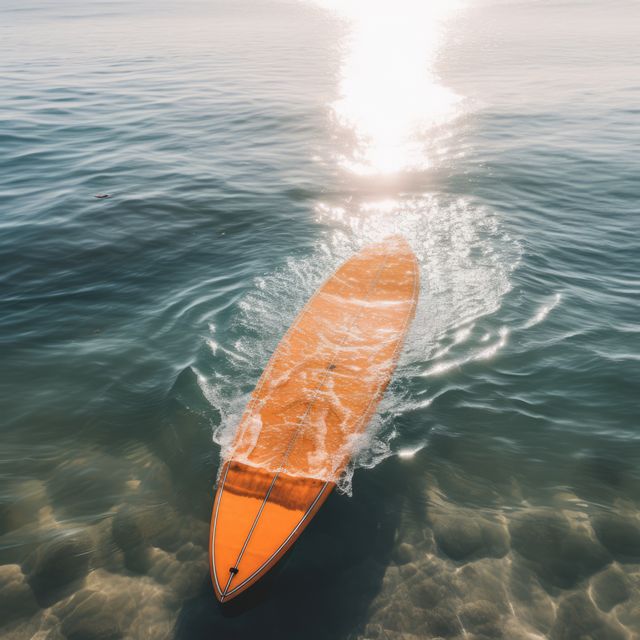 Orange surfboard lying on sunny beach, created using generative ai technology. Surfing, sports, hobbies and vacation concept digitally generated image.