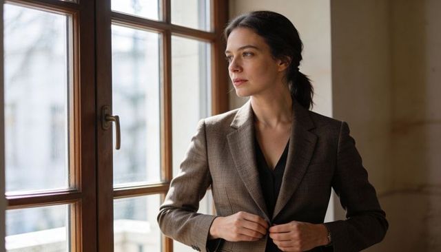 Businesswoman fastening blazer by sunlit wooden window, looking thoughtful and prepared