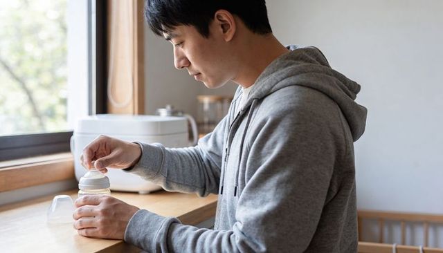 Young father preparing baby bottle next to window using bottle warmer in modern nursery