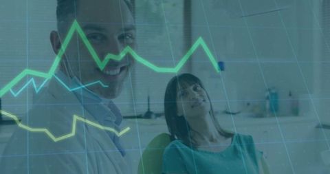 Dentist Smiling with Patient Digital Chart Overlay in Clinic