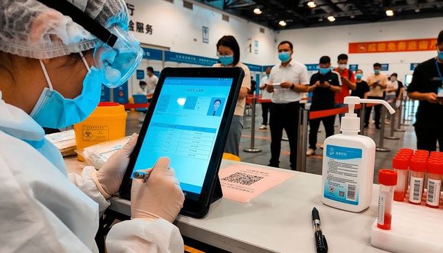 Healthcare worker entering test data on tablet at mass testing center with queued people
