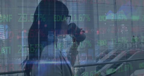 Asian Businesswoman Walking Amidst Digital Stock Data Interface