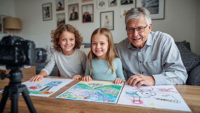 Grandfather and granddaughters sharing colorful drawings in cozy home art session