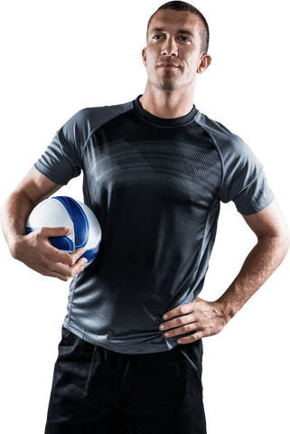 Confident Rugby Player Holding Ball in Studio with Transparent Background