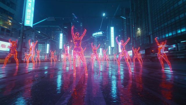Futuristic digital holograms dance on neon-lit city streets