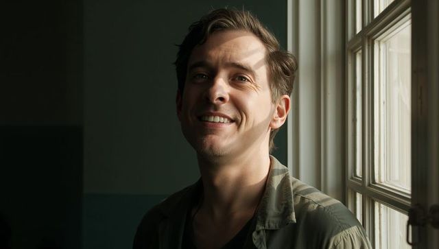 Smiling man standing by tall paned window casting soft shadows, natural light headshot
