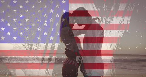 Romantic beach embrace with glitch american flag overlay