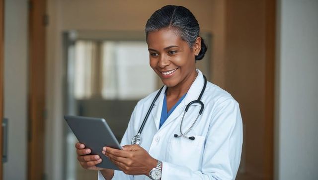 Smiling senior female doctor holding tablet checking patient chart in clinic hallway