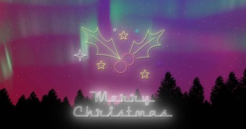 Neon Merry Christmas Over Aurora with Pine Silhouette